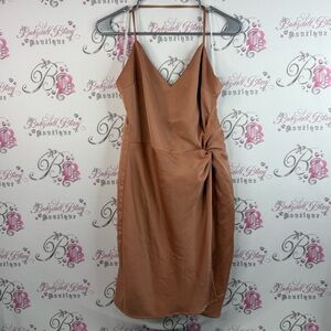 NBD dress halter style brown gold Tan Backless Dress sexy cinched detail revolve